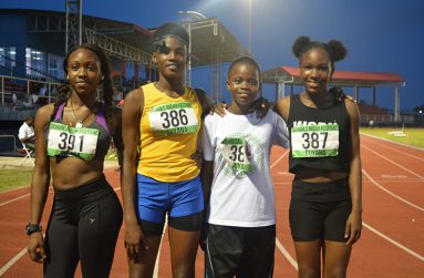 The West Demerara win 4x100m. Team from left: Binka Joseph, Carry Crystal, Shontavia Boyce and Destiny Castello.