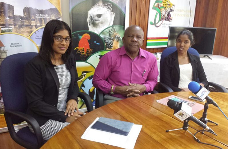 Department of Tourism Director-General Donald Sinclair, addresses journalists at the press briefing in the company of tourism development officers (from left) Surujdai Kissoon and Joyanne Ramnauth