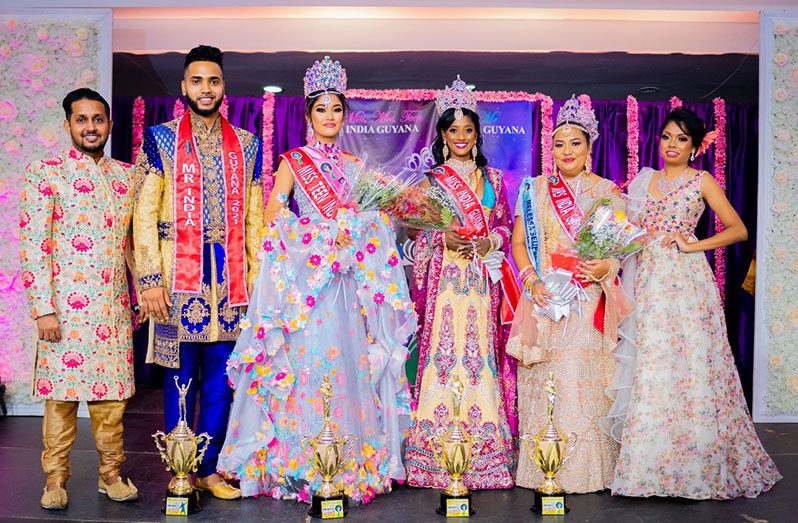 (From left) National Director, Hashim Ali; Mr. India Guyana 2021, Mario Moonsammy; Miss Teen India Guyana 2021, Beauty Roshani Razack; Miss India Guyana 2021, Maya Persaud; Mrs. India Guyana 2021, Mrs. Melessa Seupaul; and Vice President of the Miss India Guyana Franchise, Melicia K. R. Partab-Ali (Photo by Ravindra Racktoo Photography)