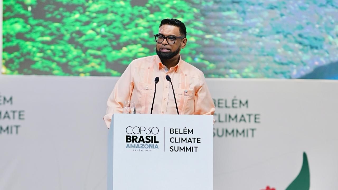 President Dr Irfaan Ali addressing  COP28 in Belém, Brazil (Photo: José Cheddi/ Office of the President)