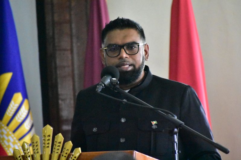 President Dr Irfaan Ali during his address at the  at the opening of the Annual Officers’ Conference on Thursday ( Sachin Persaud photo)