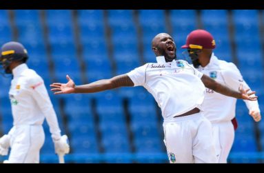 Jermaine Blackwood celebrates the wicket of Dhananjaya de Silva just before lunch on the third day on Wednesday.
