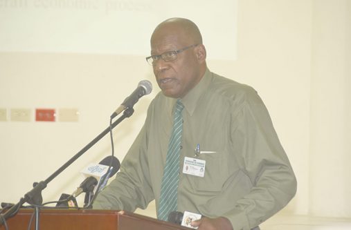 Chairman of the National Procurement and Tender Administration Board (NPTAB) Berkley Wickham addressing the potential evaluators at the Police Officers Training Centre, Georgetown.