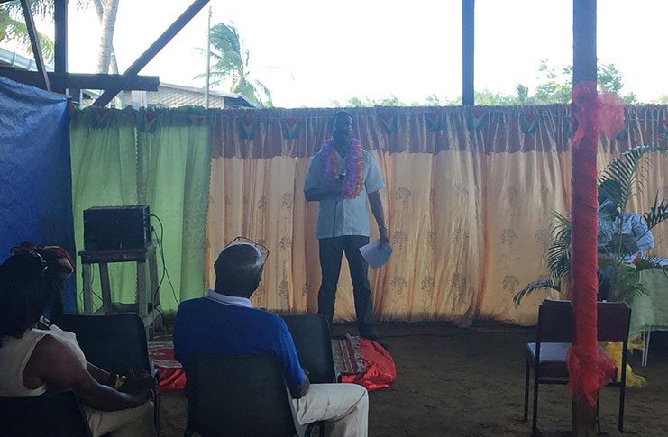Attorney General Basil Williams addressing residents at Limlair Village, Corentyne,  on Sunday