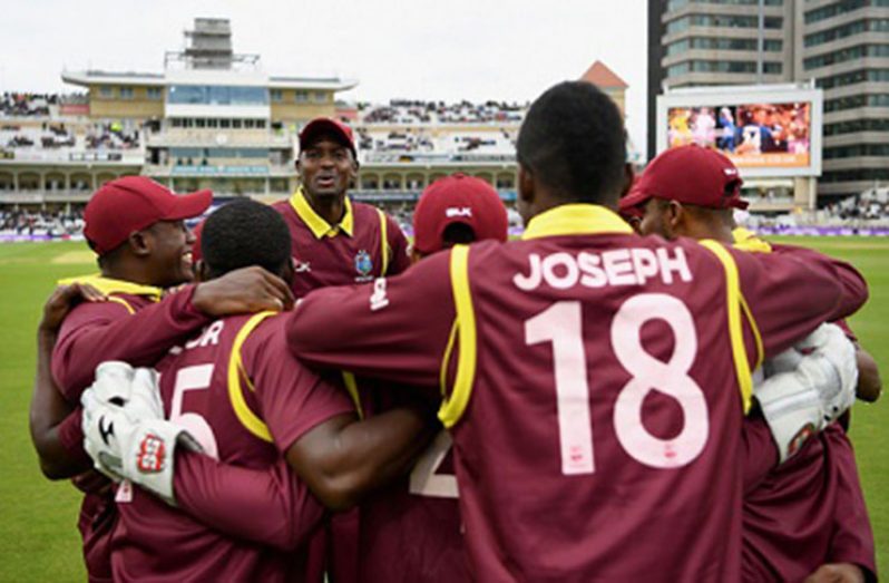 West Indies huddle before the start of the second ODI at Trent Bridge yesterday. (Photo courtesy CWI Media)