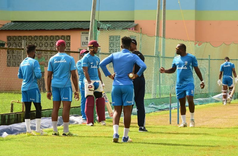 Some West Indies players during their net session yesterday. (Adrian Narine photos)