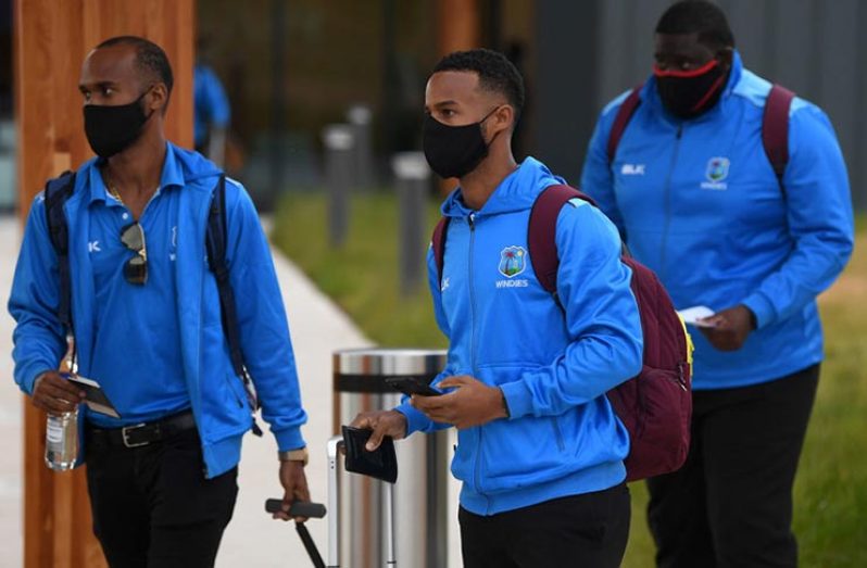 Kraigg Brathwaite, Shai Hope and Rahkeem Cornwall wear face masks in Manchester, yesterday. (ECB/Getty Images)