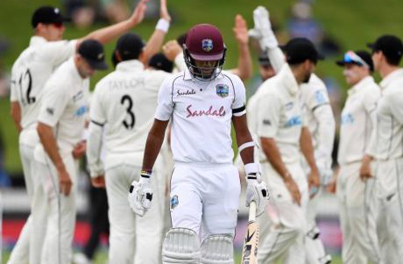 The West Indies’ Kraigg Brathwaite walks off after being dismissed by New Zealand’s Trent Boult on day three of the first Test match in Hamilton, New Zealand, on Saturday, December 5.