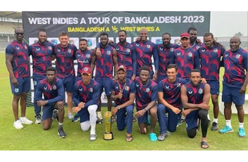 Members of the West Indies A team pose with the winner’s trophy after their series win against Bangladesh A. (BCB photo)