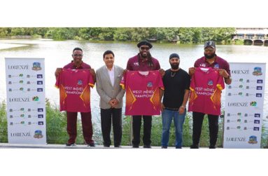 West Indies legends Dwayne Bravo (left), Chris Gayle (centre) and Kieron Pollard (right) showing off the jerseys they will wear in the World Championship of Legends