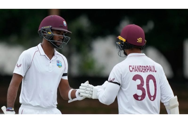 West Indies captain Kraigg Brathwaite  (left)and fellow opener Tagenarine Chanderpaul held firm against hosts Zimbabwe on a rain-shortened first day in the first Test on Saturday at the Queen’s Sports Club in Bulawayo. (Agencies)