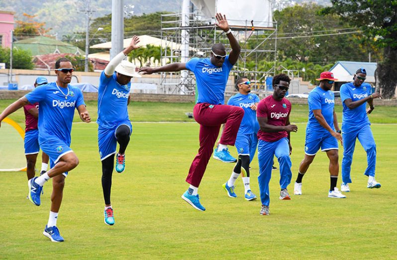 Skipper Carlos Brathwaite and his players practice jumps at a training session at Queen’s Park Oval.