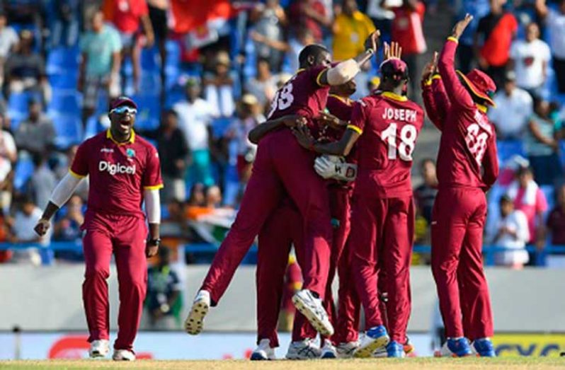 West Indies celebrate as they pull off an astonishing win over India in Sunday’s fourth ODI. (Photo courtesy CWI Media)