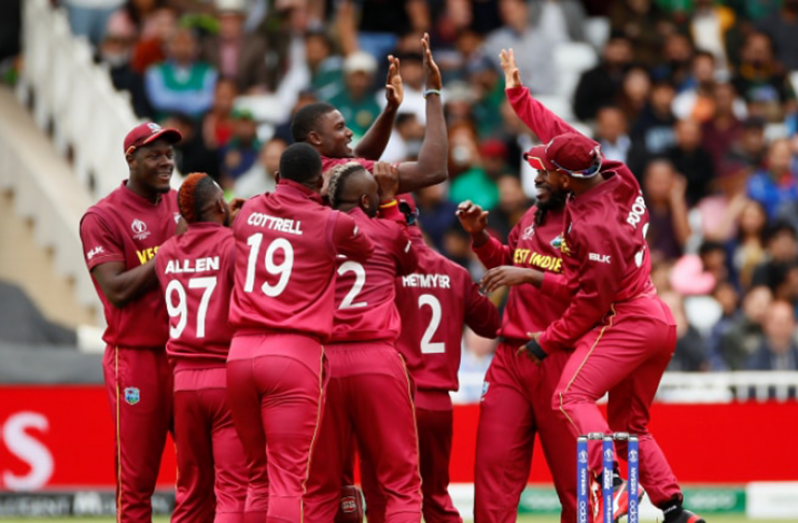 The  West Indies celebrate a wicket against the Aussies at Trent Bridge on Thursday( Reuters photo)