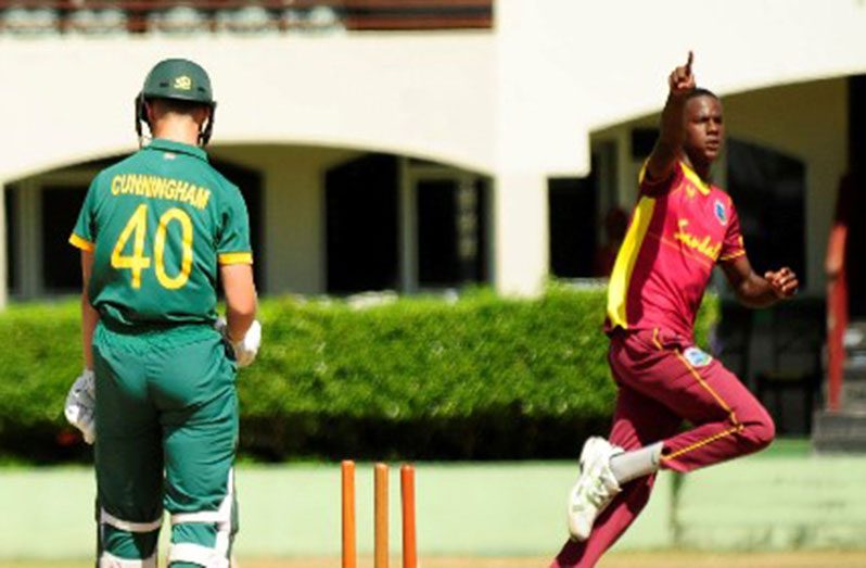 Fast bowler Johann Layne celebrates the first wicket of Ethan Cunningham in Monday’s fourth Youth One-Day International.