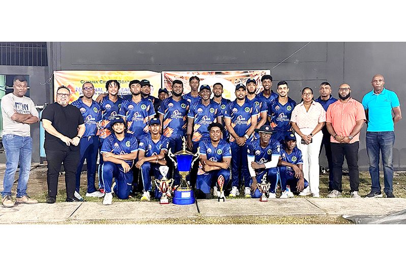 Champions Essequibo Anacondas with GCB Officials after winning the inaugural title.