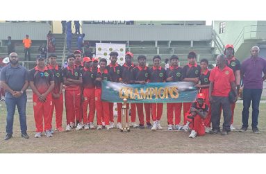 The victorious Berbice team with their first Inter-County U-15 trophy since 2022 at the LBI Ground yesterday (Sean Devers photo)