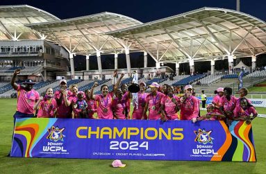 Barbados Royals, with the trophy, celebrate winning the Women's 2023 Massy Caribbean Premier League Final Match 7 between Barbados Royals and Trinbago Knight Riders at the Brian Lara Cricket Academy in Tarouba, Trinidad and Tobago on August 29, 2024. (Photo by Randy Brooks - CPL T20/CPL T20 via Getty Images)