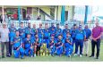 The Championship-winning Demerara team with GCB officials celebrate at Bourda yesterday