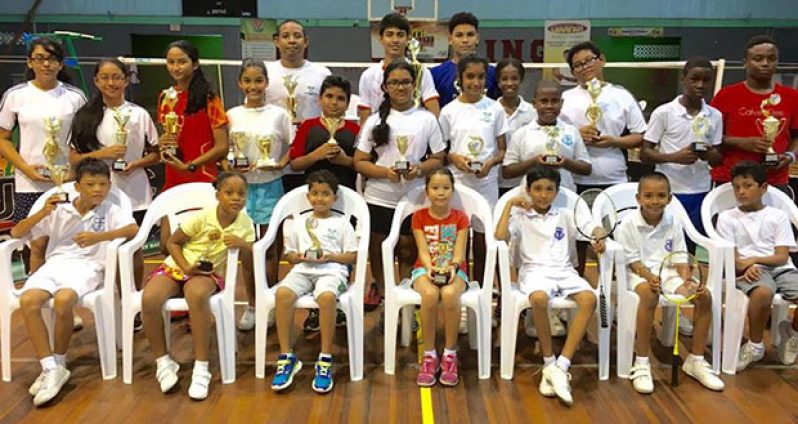 The respective winners and participants at the just concluded Trophy Stall Independence Open and Age Group Badminton tournament