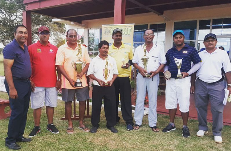 BACIF Tourney winners pose outside the Golf Clubhouse with the sponsor and club officials. From left – President Aleem Hussain, Peter Pompey, Aasrodeen Shaw, Mike Mangal, Lakeram Ramsundar, Patrick Prashad, Avinash Persaud and Captain Chen Deo.