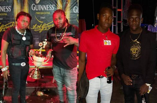 DJ Magnum and Seen Up display their hardware (right), after prevailing over Delly Ranks  and Selecta Thunda (right) Empire Media Inc photo.