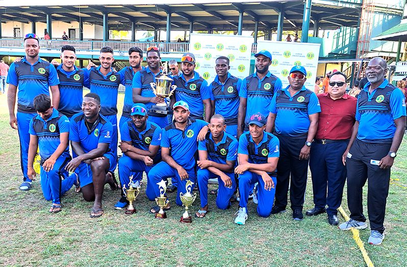 Champions Demerara (GCB President Bissoon Singh is standing 2nd from right) defeated Berbice in the final of the GCB 50 overs Inter-County tournament at Bourda, (Sean Devers photo)