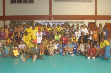 The winning teams of the various categories of the Hikers Hockey Club’s Junior Indoor tournament in a photo opportunity after Sunday’s finals which were staged at the National Gymnasium.