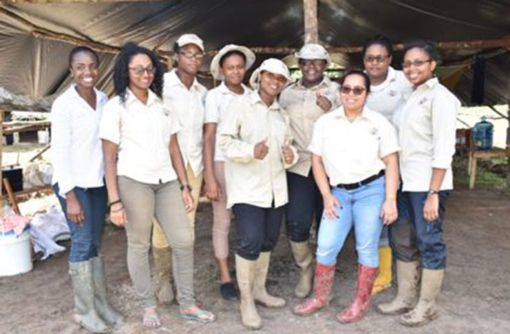 Minister within the Ministry of Natural Resources Simona Broomes (centre) with female mining officers from the Guyana Geology and Mines Commission’s Geological Survey Unit at a geological mineral survey in the Itaballi Area, Region Seven (GINA Photo)