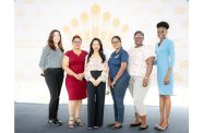 First Lady Arya Ali is flanked by the three women who received the business grant on Friday at State House. Also in the photo are business development coach Ms. Upasna Mudlier (third-right) and Leanne Baker (far left) of the Cherie Blair Foundation