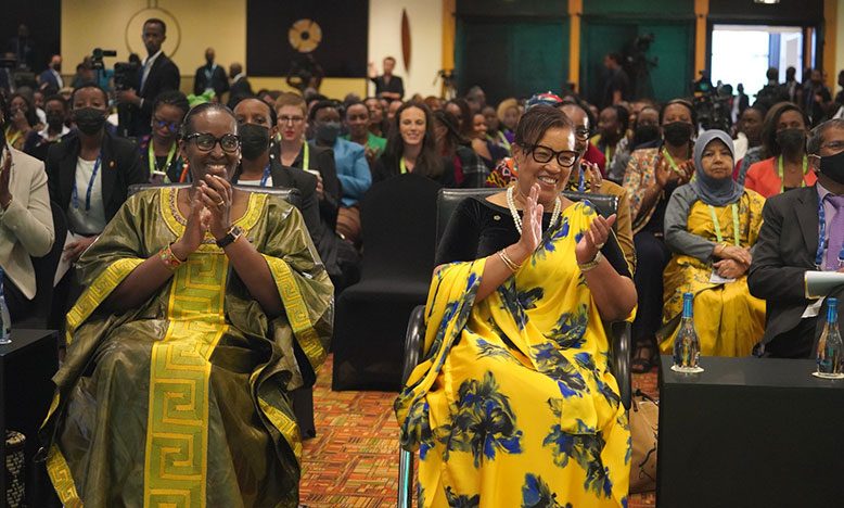 Rwanda’s First Lady, Jeannette Kagame (left) and Secretary-General of the Commonwealth, Baroness Patricia Scotland, during the opening of the Commonwealth Women’s Forum