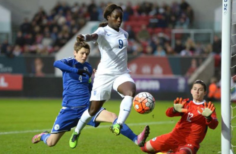 England's Eniola Aluko in action with Bosnia's Amira Spahic. (Mandatory Credit: Action Images/Tony O'Brien Livepic)