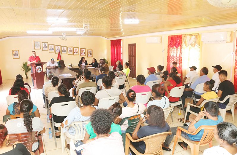 Minister of Housing and Water Collin Croal addressed ‘part time’ workers from several communities in the Matarkai sub-district of Barima-Waini.