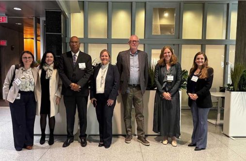 From left: Fatima Arroyo, Senior Urban Transport Specialist Program Leader, ILCDR; 
Diletta Doretti, WBG Resident Representative, LCCGY; Bishop Juan Edghill, Minister of Public Works; Marcela Silva, Regional Practice Director, ILCDR; Gylfi Palsson, Lead Transport Specialist; Bianca Bianchi Alves, Practice Manager; and Alina Burlacu, Senior Transport Specialist, ILCTI