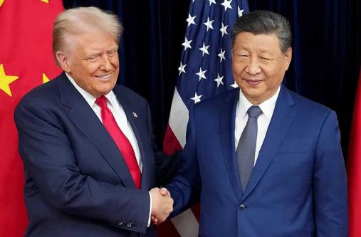 U.S. President Donald Trump and Chinese President Xi Jinping shake hands ahead of a bilateral meeting at Gimhae Air Base on October 30, 2025, in Busan, South Korea. (Andrew Harnik/Getty Images)
