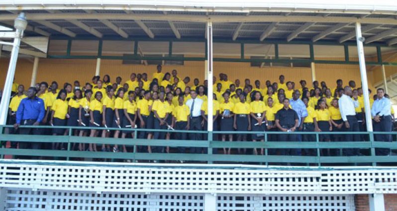 Minister of Culture Youth and Sport, Dr. Frank Anthony, Permanent Secretary, Alfred King, Assistant Director of Youth, Davenand Ramdatt, graduating students of the Sophia Training Centre and teachers at the graduation ceremony at the Carifesta Sports Complex