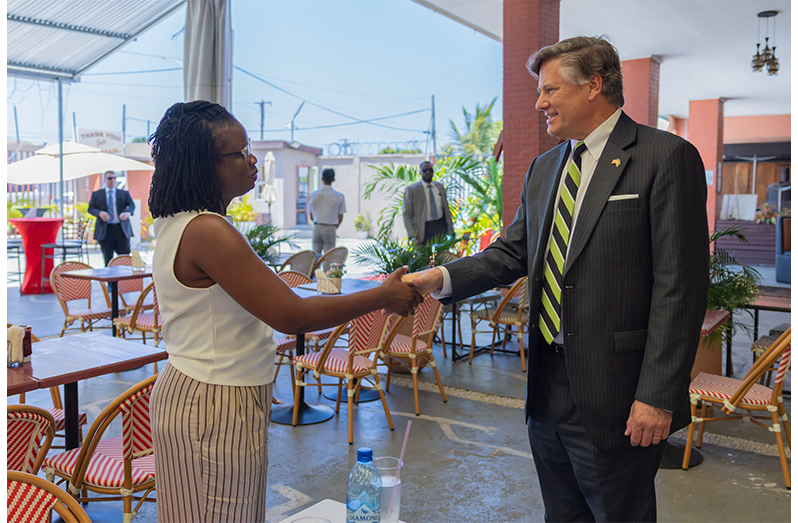 Entrepreneur and Young Leaders of the Americas Initiative (YLAI) alumni Abbigale Loncke-Watson meeting with Deputy Secretary of State, Christopher Landau (U.S. Embassy Guyana Photos