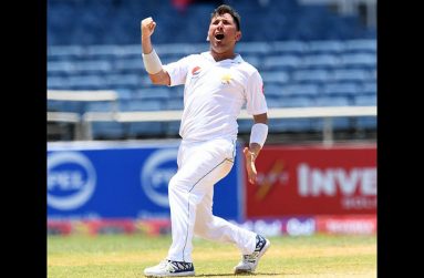 Pakistan leg-spinner Yasir Shah celebrates his ninth Test five-for on the fifth day of the first Test at Sabiba Park.’’