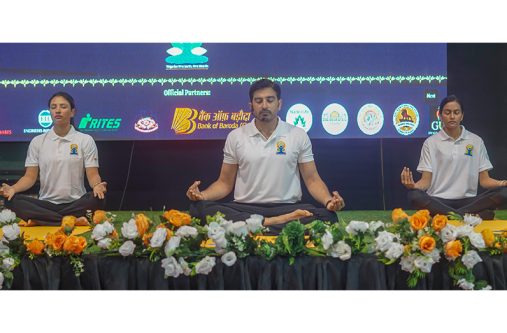More than 200 Guyanese and yoga enthusiasts came out Saturday morning at the Cliff Anderson Sports Hall for a guided yoga session with Mohit Mann, Suchitra Patel and Narissa Mohamed (Yohan Savory photos)
