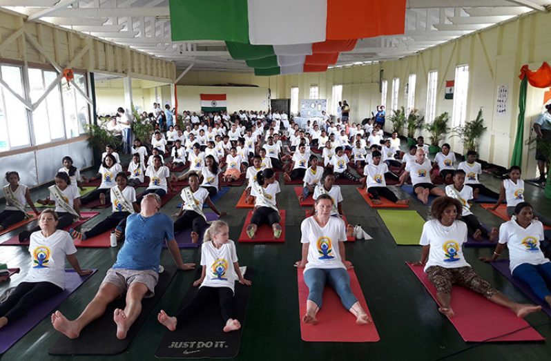 A few seconds of relaxation for the participants before they proceeded to their next yoga exercise. In second row are the Miss World and Miss India World delegates (Vishani Ragobeer photos)