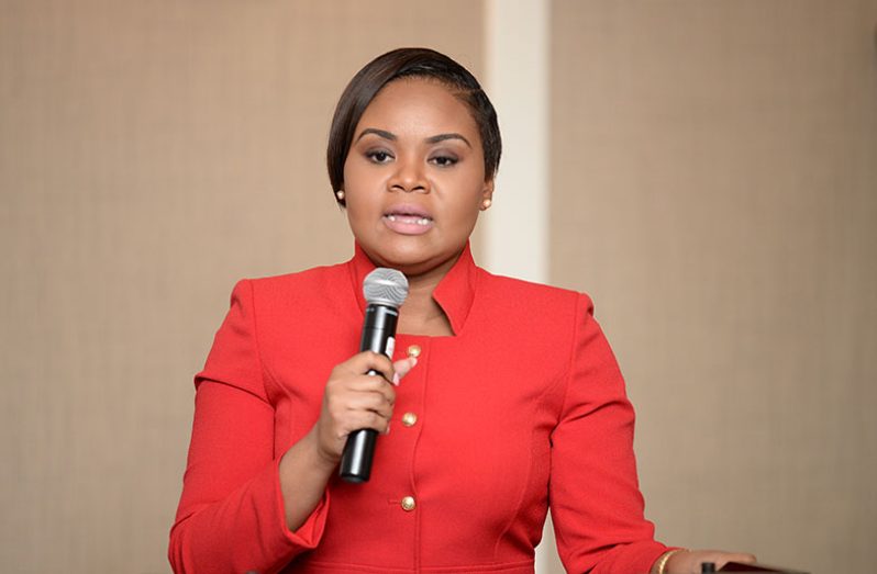 Minister of Sport and Youth Affairs of Trinidad and Tobago Shamfa Cudjoe speaking at the Guyana Marriott Hotel on Wednesday