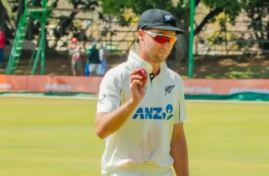 Zakary Foulkes picked the best-ever figures for a New Zealand bowler on Test debut • (Zimbabwe Cricket)