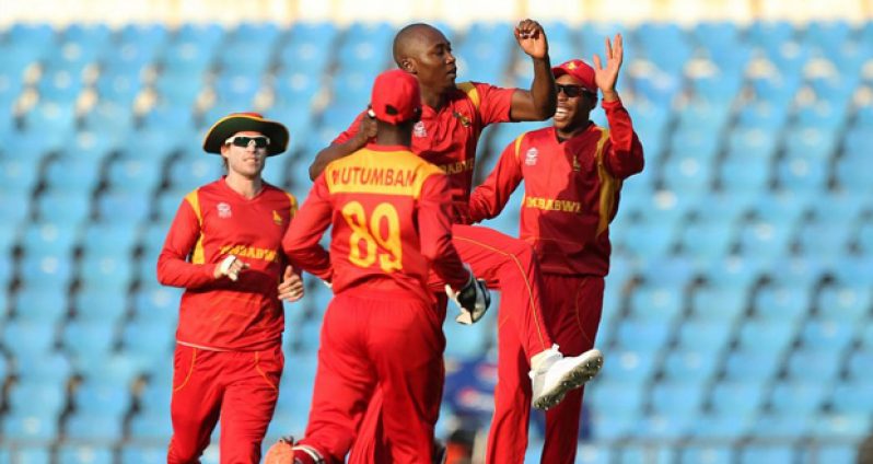 Zimbabwe players celebrate their victory.