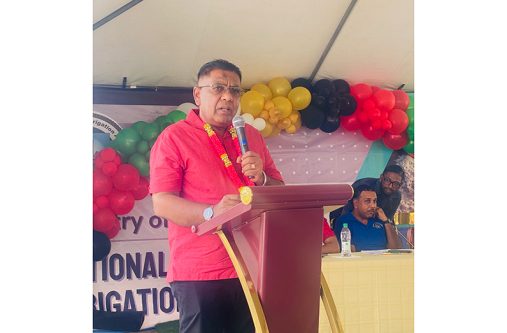 Caption: Minister of Agriculture, Zulfikar Mustapha, speaks at the commissioning of the pump station at Andrews, Region Two