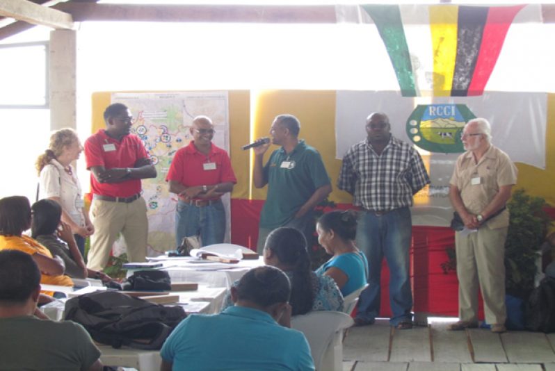 From left: Ms. Behi Barzegar, Enterprise Development Expert; Mr. René Edwards, Project Coordinator; Dr. David Singh, Executive Director of CI-Guyana; Mr. Daniel Gajie, President of the RCCI, delivering the opening remarks; Mr. Richard Rini, Secretary of RCCI; and Mr. Kit Nascimento, (President of THAG)