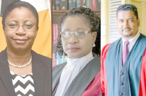 a9f375cb-6361-4d11-b584-3d147b0dc92a From left: Acting Chancellor Justice Roxane George-Wiltshire, outgoing
Chancellor Justice Yonette Cummings-Edwards, and Acting Chief Justice
Justice Navindra Singh