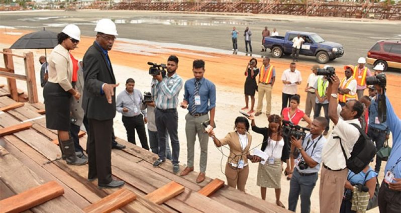 Minister of Public Infrastructure, Mr. David Patterson, and Minister within the Ministry of Public Infrastructure, Ms. Annette Ferguson, taking the media on a tour of the Durban Park Development Project in April