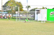 The Christianburg keeper,Omar Brewley, went the right side for this penalty shot but could not stop the expertly placed shot. (Samuel Maughn photo)