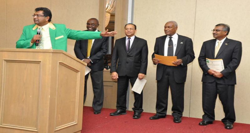 Newly-appointed Ministerial Advisers on  Diaspora Affairs (from left) Ron Alert, Earth Marshall, Dr Rohan Somar and Tameshwar Lilmohan pose with Prime Minister Moses Nagamootoo; Vice-President and Minister of Public Security, Khemraj Ramjattan; Minister of Business, Dominic Gaskin; and Minister of Public Infrastructure, David Patterson