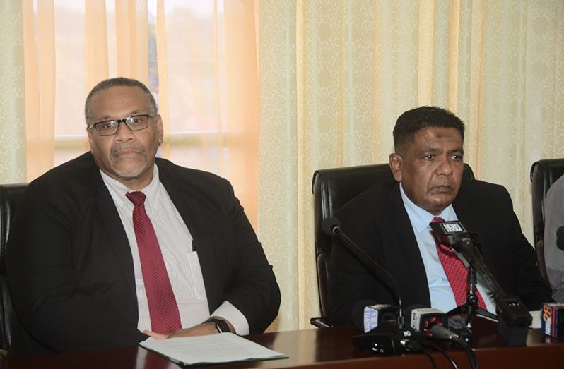 CARICOM’s Assistant Secretary-General, Joseph Cox, along with Agriculture Minister Zulfikar Mustapha at Monday’s press briefing (Adrian Narine photo)